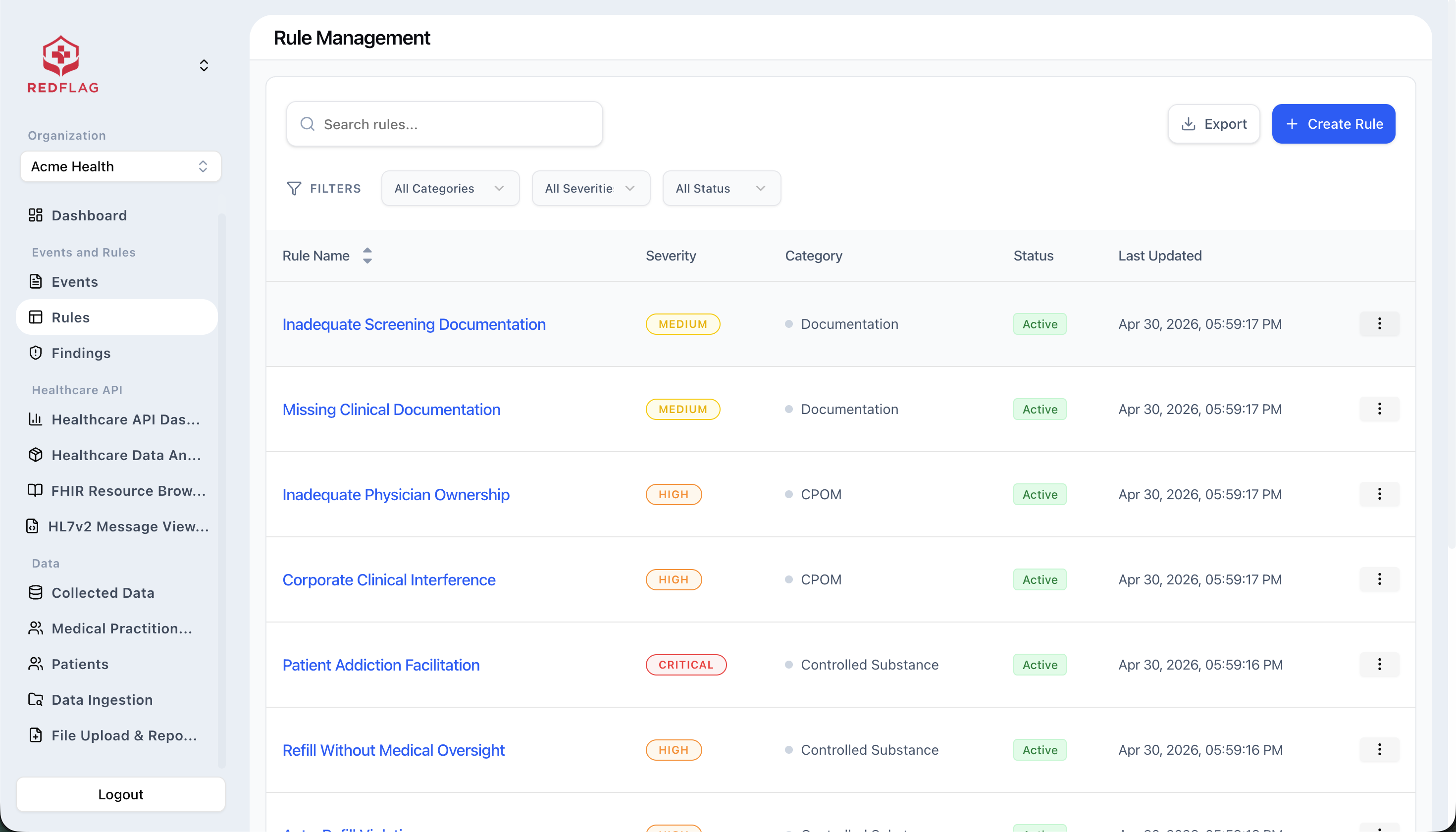 Rules management screen